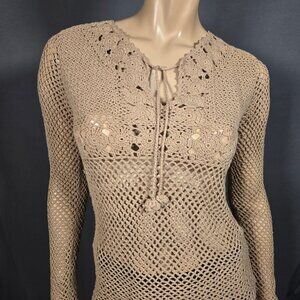 Vintage 90s Y2K Crochet Top Boho Fairy Festival Womens S beige Long Sleeve